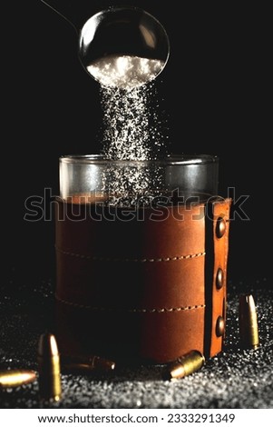 Dark coffee sugar pour into leather glass cup