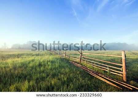 summer landscape thick fog in the field and an old wooden fence 
