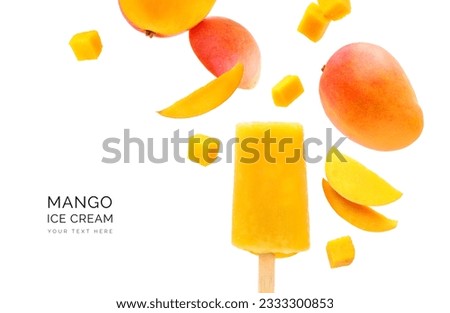 Creative layout made of mango ice cream on the white background. Flat lay. Food concept. Macro  concept. Vegan ice ream. Royalty-Free Stock Photo #2333300853