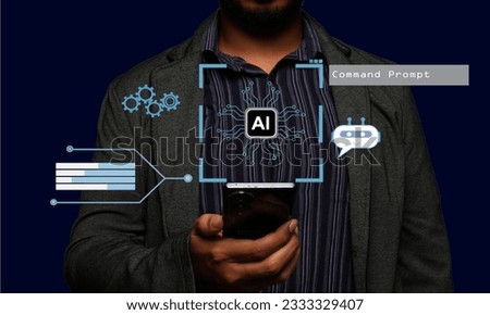 A picture of men with Artificial Intelligence chip, chat robot and command prompt word. Artificial intelligence is part of human needs.