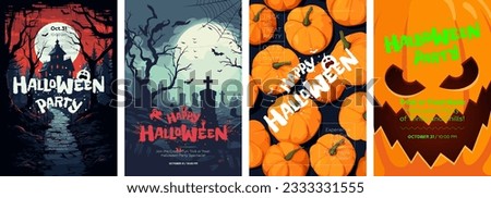 Happy Halloween party poster set. Drawing placards with old mansion, graveyard and pumpkin background. Art cover horror night. October 31 holiday evening promotional artwork. Typography print template