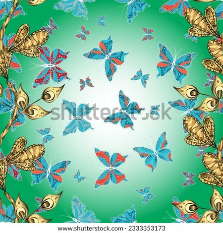 Vector sketch. Endless. Lovely seamless butterfly cloth background on blue, neutral and green. Repeating insect fabric clipart for clothing fabric. Sketch, doodle, scribble. Spring butterfly theme.