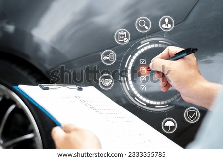 Service quality of car insurance protection concept, Insurance agent checklist, and working on car accident claim process warranty, modern and quality control with modern online technology Royalty-Free Stock Photo #2333355785
