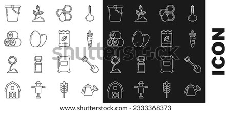 Set line Watering can, Shovel, Carrot, Honeycomb, Chicken egg, Roll of hay, Bucket and A pack full seeds specific plant icon. Vector