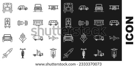 Set line Scooter, Plane, Retro minivan, Car, Formula race car, Double decker bus, School Bus and Old city tram icon. Vector