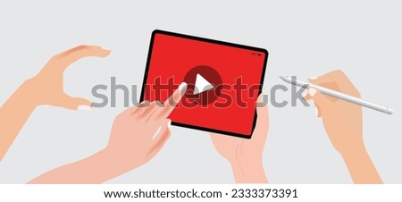 Watching Video On Smartphone Vector. Hand-Holding Smartphone with Movie App. Vector.