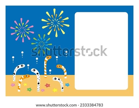 Clip art of colorful fireworks and cute Spotted garden eel and western garden eels. Summer greeting card template design vector.