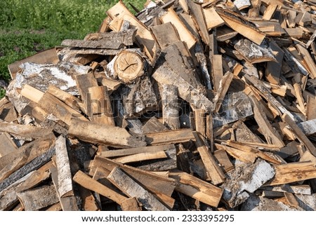 A large pile of different sawn firewood for the stove. Preparing firewood for the winter. Firewood background.