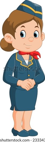 A beautiful young air hostess. Plane stewardess or travel agency representative. Cartoon character. of illustration Royalty-Free Stock Photo #2333430189