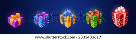 Cartoon set of colorful gift boxes isolated on background. Vector illustration of small and big packages for holiday present decorated with silk ribbon bow, heart, dotted, striped pattern. Sale icon