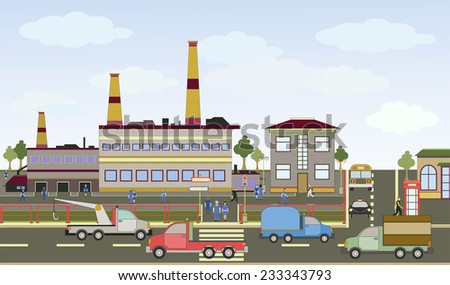Vector illustration of a factory with colorful icons of cars, people, trees and buildings