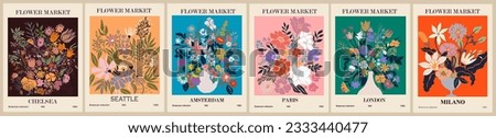 Set of abstract Flower Market posters. Trendy botanical wall arts with floral design in bright colors. Modern naive groovy funky interior decorations, paintings. Vector art illustration