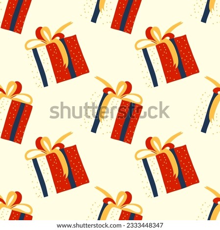 Seamless pattern gifts with bounty in red and blue for textile or object prints