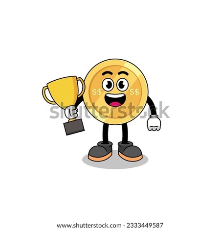 Cartoon mascot of singapore dollar holding a trophy , character design