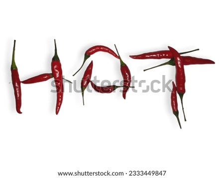 Red Chili Pepper Alphabet. Typeface of spicy vegetables. font made of hot red chili pepper isolated on white. Various shapes of chilies. Font made of hot red chili pepper isolated on white - words HOT