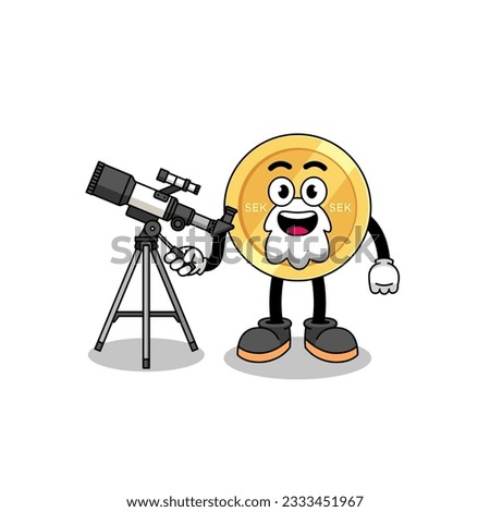 Illustration of swedish krona mascot as an astronomer , character design