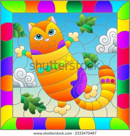 An illustration in the style of a stained glass window with bright cartoon cat on a background of blue sky and leaves in a bright frame