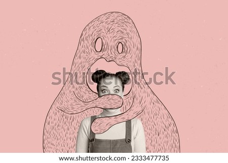 Composite collage picture of big painted monster arms cover mouth scared mini black white colors girl isolated on beige background Royalty-Free Stock Photo #2333477735