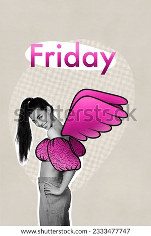 Vertical collage picture of cheerful black white colors girl painted wings friday placard isolated on grey background