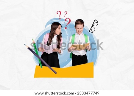 Two children together learn collage picture girl surprised look boy book questioned how his grades high diary isolated on blue background
