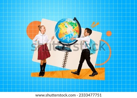 Globus map geography exploring new continent america collage picture of two classmates lecture learning isolated on plaid blue background