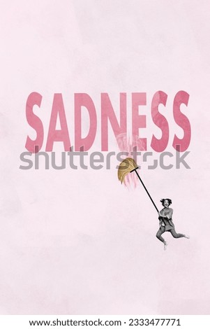 Vertical collage of crazy woman hold mop swabber tidiness remove sadness with cleaning relax take break isolated on pink background