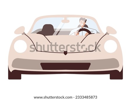 Man in cabrio car at road trip. Man driving convertible. Business concept. Summer auto ride in open top. Flat vector illustration isolated on white background Royalty-Free Stock Photo #2333485873
