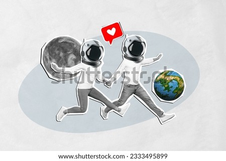 Composite collage image of running couple holding hands cosmos travel moon planet earth cosmic love celebrate anniversary valentine day