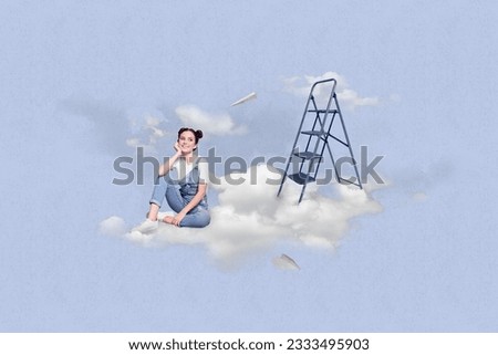 Creative photo illustration collage of dream imagination cute woman sitting inside sky clouds ladder future isolated on blue background Royalty-Free Stock Photo #2333495903