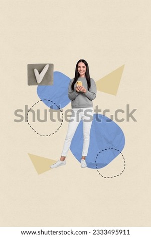 Vertical collage image of cheerful girl hold use smart phone plasticine check mark icon isolated on painted background