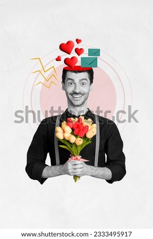 3d retro abstract creative artwork template collage of excited happy boyfriend gentleman hold tulips bouquet valentine day date