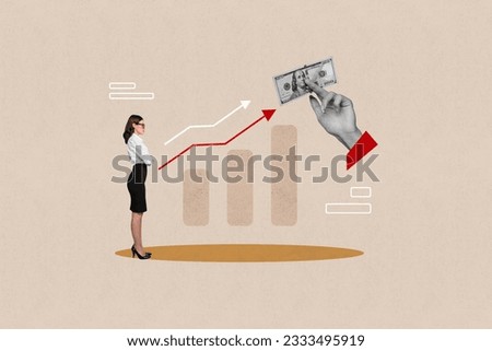 Collage portrait of successful mini elegant lady growing arrow upwards big black white colors arm hold dollar bill isolated on beige background
