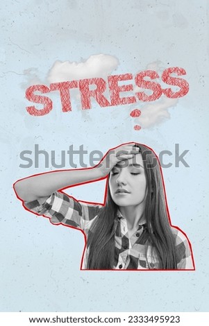 Creative abstract template collage of stressed young female hand touch head headache migraine depressed student prepare exams stress