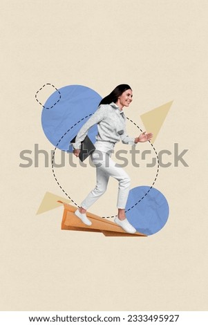 Vertical collage image of cheerful mini girl hand hold netbook running big flying paper plane isolated on drawing beige background