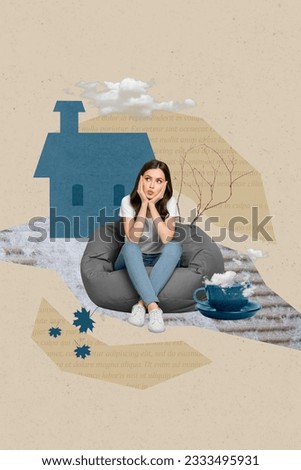 Vertical collage image of minded girl sit beanbag contemplate drawing house tree fallen leaves tea cup clouds sky isolated on beige background