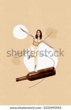 Vertical collage image of excited carefree mini girl dancing partying huge beer bottle isolated on painted beige background