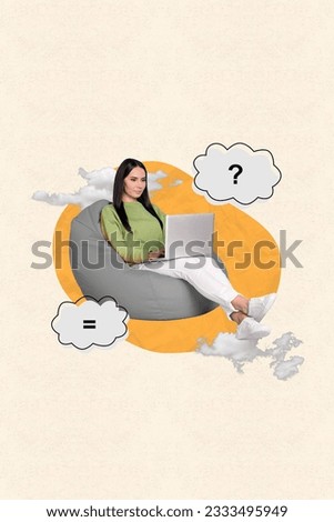 Vertical collage picture of intelligent girl sit beanbag use netbook question mark equal symbol cloud bubble isolated on creative background