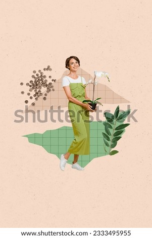 Artwork magazine collage picture of happy smiling lady growing beautiful orchid isolated beige color background