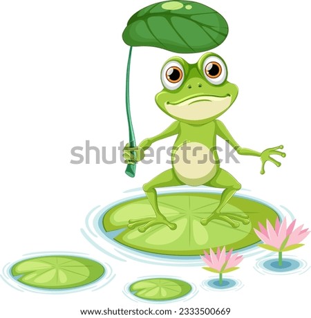 Green Frog Cartoon Character Holding Leaf Umbrella illustration