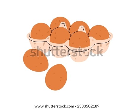Chicken eggs in cardboard tray. Whole fresh raw food product in paper box, storage package, holder. Healthy snack with brown shell, eggshell. Flat vector illustration isolated on white background