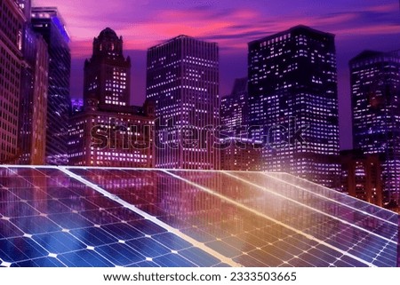Solar panel over cityscapes, solar power green energy for life concept,	