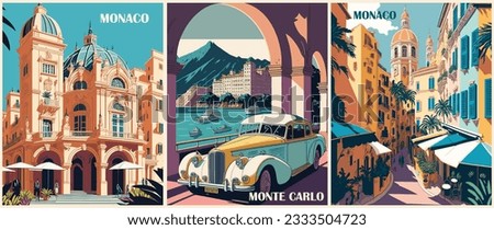 Set of Travel Destination Posters in retro style. Monte Carlo, Monaco prints with historical buildings, vintage car, sea beach. European summer vacation, holiday concept. Vector colorful illustration Royalty-Free Stock Photo #2333504723