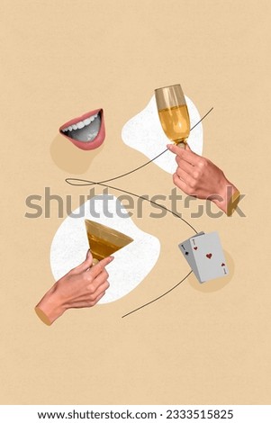 Collage vertical advertisement casino game hands cheers martini whiskey champagne vermouth cards combination isolated on beige background