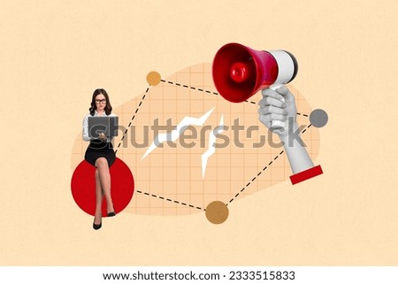 Creative collage picture of elegant mini girl use netbook huge arm hold loudspeaker toa isolated on drawing beige background