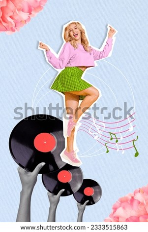 Collage of funny youngster girl blonde hair dancing hip hop old style nostalgia hipster music vinyl plate isolated on blue background