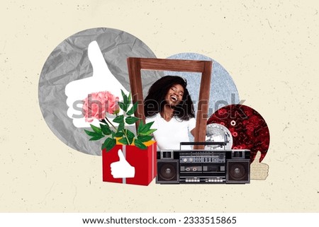 Creative composite collage photo artwork of funny african girl in frame sing song get presents on holiday isolated painted background