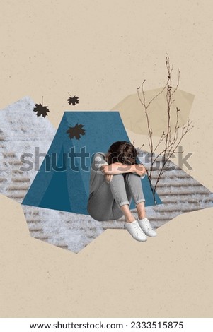 Vertical collage picture of unsatisfied devastated girl sitting near camp tent falling maple leaf tree isolated on beige background