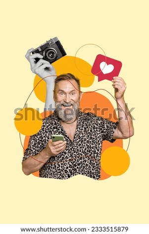 Vertical collage of excited grandfather hold smart phone like notification black white colors arm photo camera isolated on beige colrobackground
