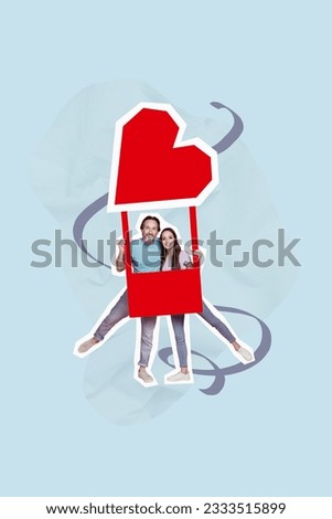 Vertical greeting card photography collage of positive happy family hands hold frame make photo isolated on blue drawing background