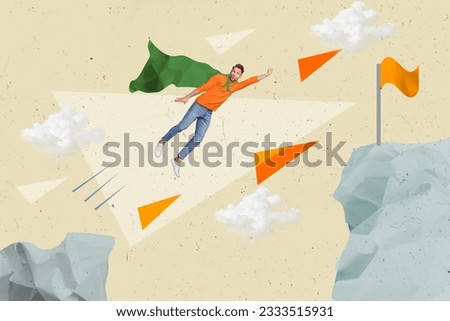 Picture collage image comics magazine sketch of cheerful happy guy superman flying forward finish professional growth on drawing background